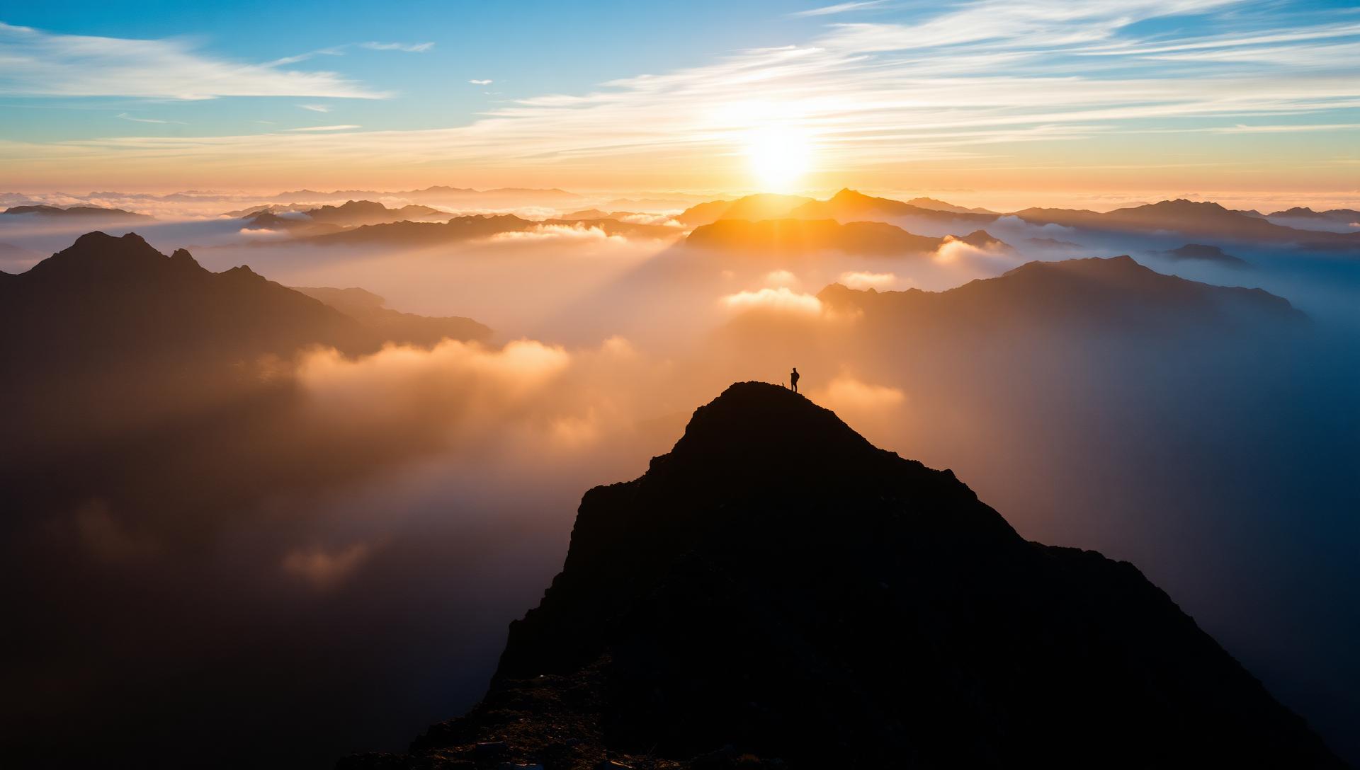 Aerial view of misty mountains at sunrise